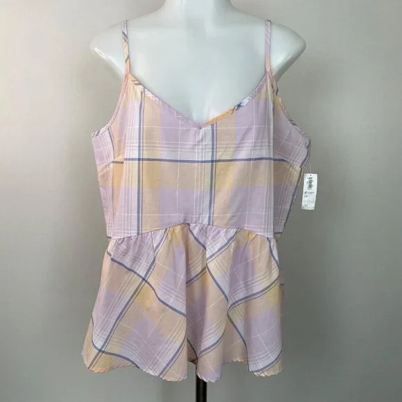 Old Navy Top Large Lilac Plaid Peplum Tank Lightweight Cotton Women's NWT - Picture 2 of 13